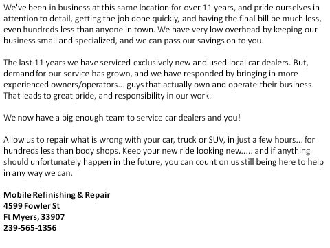 1993 Ford C-350 (Centurion Conversions) - This document advertises auto repair services, including mobile refinishing, and provides contact details for the business.