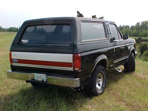 1989 Ford Bronco - This black Ford Bronco is viewed from the rear-right angle, parked outdoors on a grassy slope.