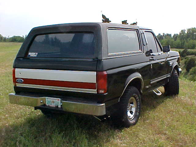 Black Ford Bronco from the rear-right, parked on a grassy hill. Visible details include a chrome bumper, red and white taillight strip, and a sticker on the rear window