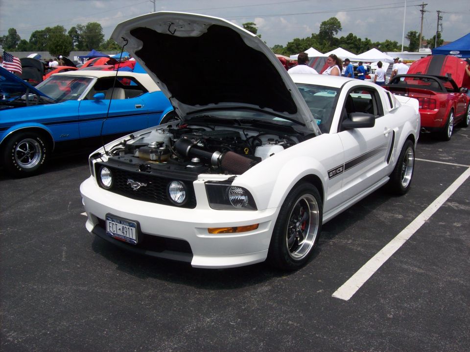 White Ford Mustang GTCS with hood open, showing engine. Black wheels, black stripe on side. Parked at an outdoor event