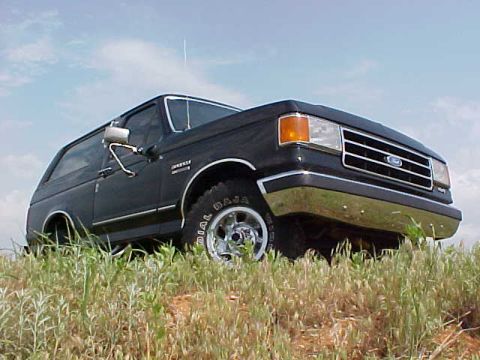 1989 Ford Bronco - This 1989 Ford Bronco is shown from a low angle, parked on a grassy incline.