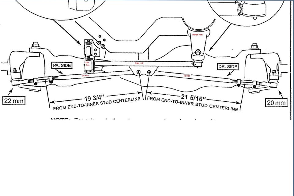 Front steering linkage diagram with tie rod lengths of 19 3/4" and 21 5/16" and 22 mm and 20 mm ends