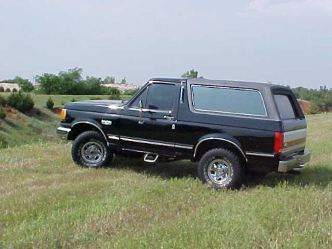1989 Ford Bronco - A black Ford Bronco SUV is shown from a 3/4 front angle, parked in a grassy field under a cloudy sky.