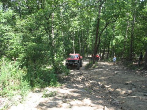 1979 Ford Bronco - Several off-road vehicles navigate a challenging, rocky trail surrounded by dense trees.