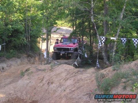 1979 Ford Bronco - A red SUV navigates a dirt track with checkered flags marking the course.
