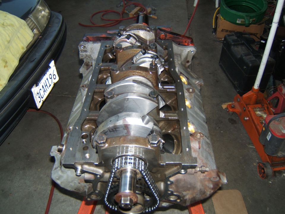 Engine block with crankshaft and timing chain
