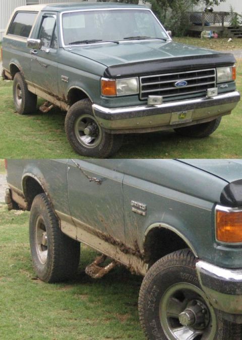 1989 Ford Bronco - This 1989 Ford Bronco, seen here in a muddy state, features a two-tone green and white color scheme.