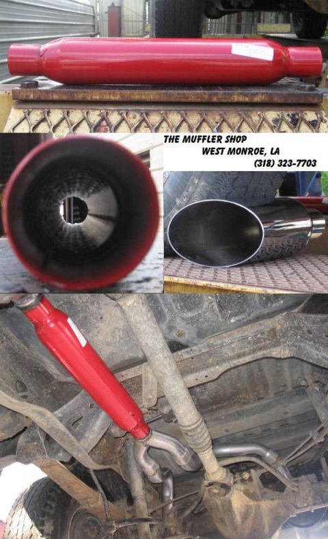 1989 Ford Bronco - Red exhaust muffler and vehicle undercarriage details with shop information and website.