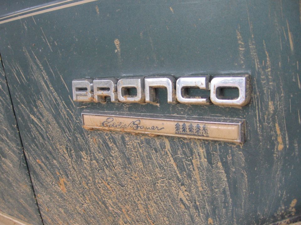 1989 Ford Bronco Eddie Bauer emblem on muddy green paint
