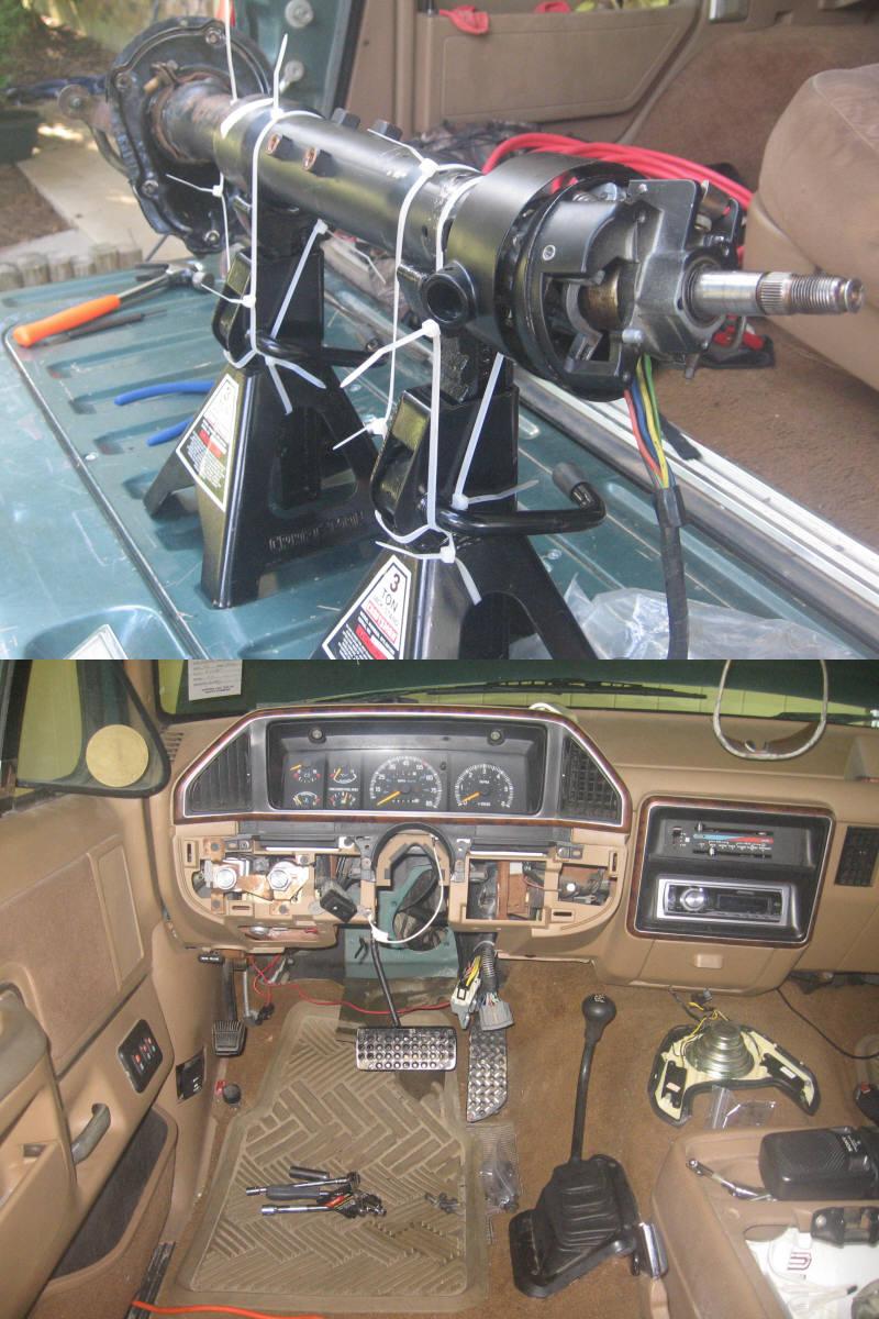 1989 Ford Bronco interior with dashboard removed and steering column on jack stands