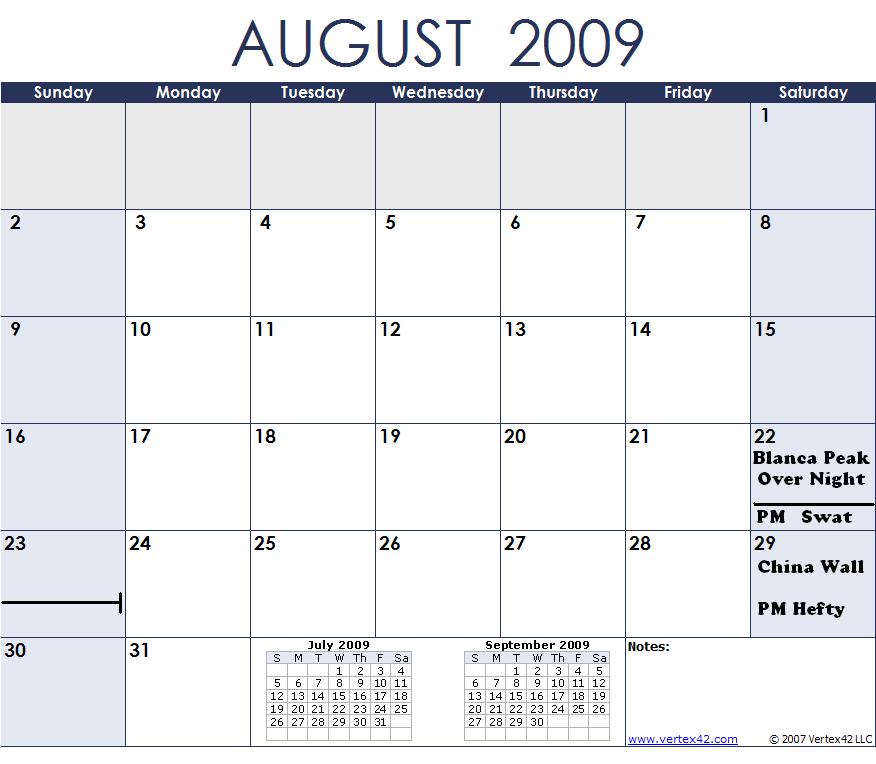 August 2009 calendar page with events listed