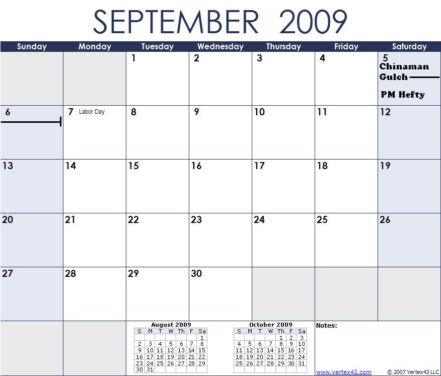 September 2009 calendar page with "Labor Day" on the 7th and "Chinaman Gulch" and "PM Hefty" on the 5th