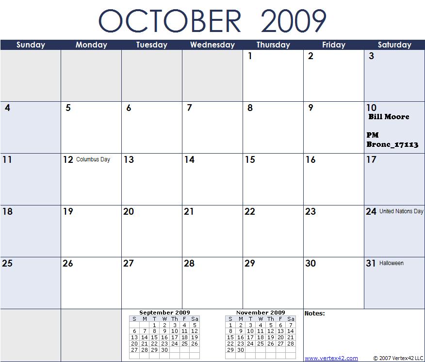 Calendar page for October 2009 with 'PM Bronc_17113' written on the 10th