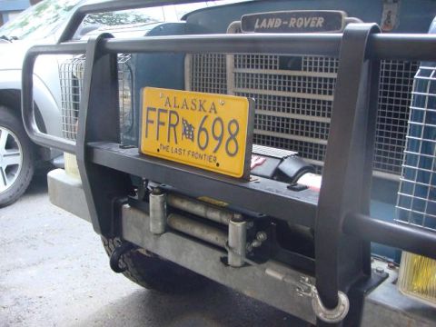 1972 Land Rover Land Rover - Front view of a 1972 Land Rover Land Rover, equipped with a winch and an Alaska license plate.