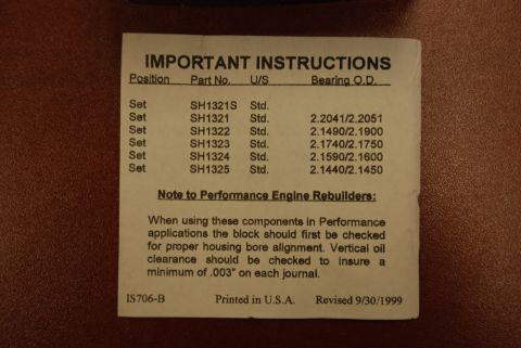 1996 Ford Bronco - Engine bearing instruction sheet listing part numbers, undersize, and bearing outer-diameter specifications with notes for performance rebu…