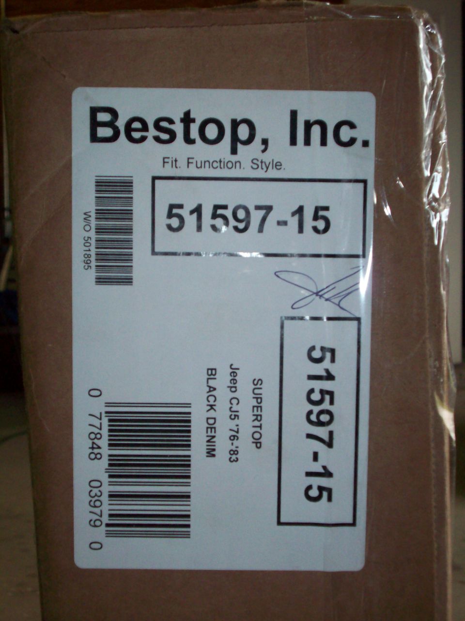 Box with Bestop, Inc. label showing part number 51597-15 and "Jeep CJ5 '76-'83 BLACK DENIM SUPERTOP"