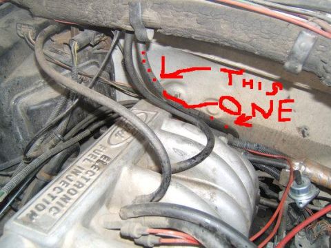 1988 Ford Bronco - Detail shot of engine components with handwritten annotations indicating a specific hose.
