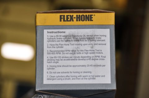 1996 Ford Bronco - Flex-Hone box showing numbered step-by-step honing instructions covering oil, RPM, stroke rate, and cleanup.