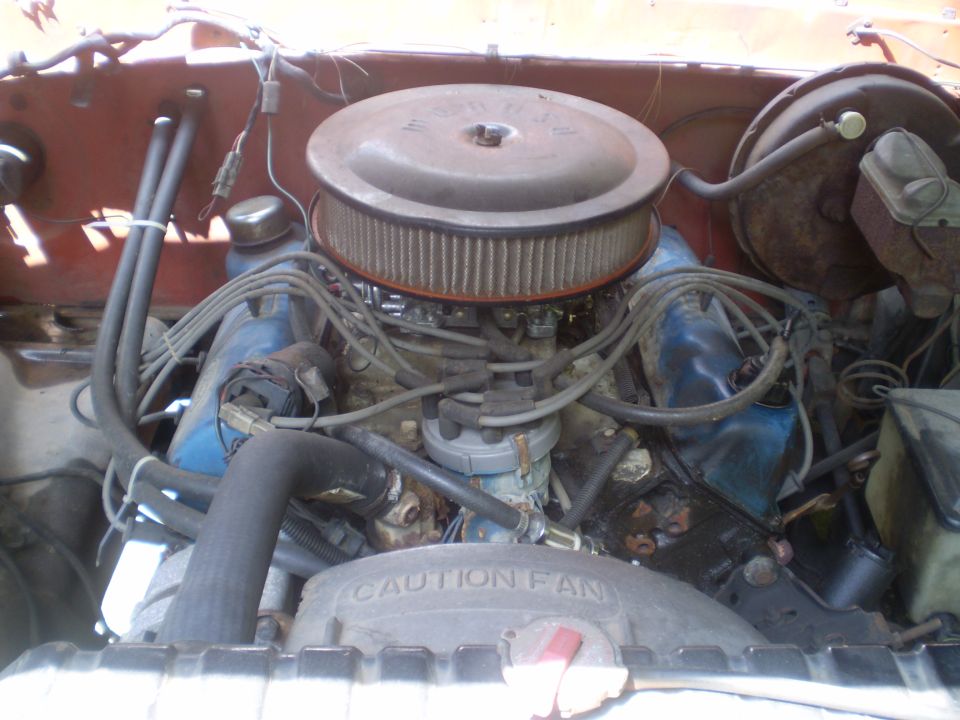 Carbureted Ford V8 with round air cleaner, blue valve covers and CAUTION FAN shroud