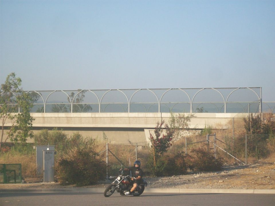 Motorcycle with rider on a road, under a bridge with a fence
