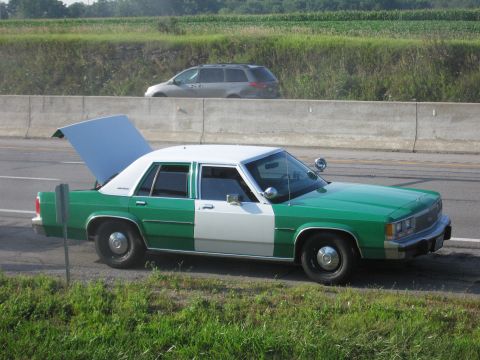 1991 Ford Crown Victoria - This 1991 Ford Crown Victoria sedan, painted green and white, is seen with its trunk open on the side of the road.