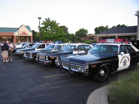 1991 Ford Crown Victoria - A row of classic police cruisers are parked outside a building with 'DOG GROOMING' signage.