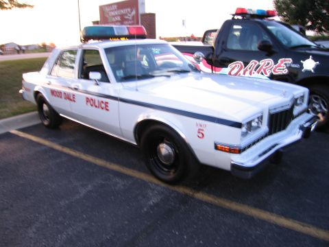1991 Ford Crown Victoria - A white police sedan with "WOOD DALE POLICE" on its side is parked next to a black DARE truck.