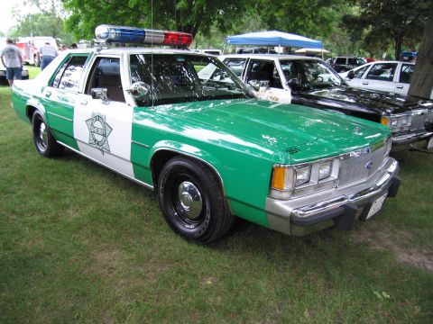 1991 Ford Crown Victoria - A 1991 Ford Crown Victoria police car, painted green and white, is parked on grass with other vehicles in the background.