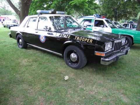1991 Ford Crown Victoria - A black and white state trooper car is parked on the grass next to another police vehicle.