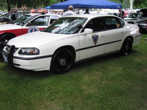 1991 Ford Crown Victoria - A white police car with a push bumper and reserve police markings is parked on grass.