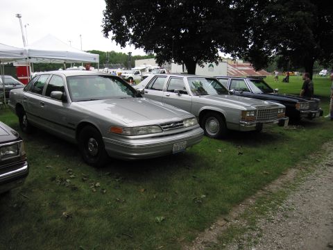 1991 Ford Crown Victoria - Three sedans, including a 1991 Ford Crown Victoria, are parked on a grassy area.