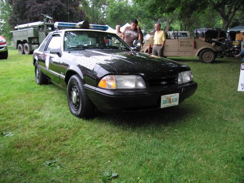 1991 Ford Crown Victoria - A black 1991 Ford Crown Victoria police car is parked on a grassy field with other vehicles in the background.