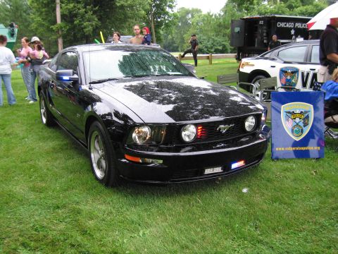 1991 Ford Crown Victoria - A black Ford Mustang police car is displayed outdoors with other police vehicles and personnel present.