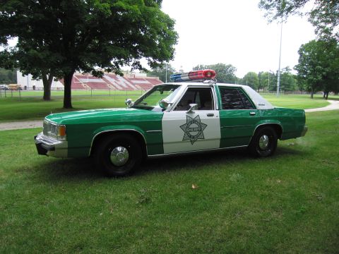 1991 Ford Crown Victoria - A 1991 Ford Crown Victoria police car, painted green and white with a sheriff's star on the door, is parked on a grassy field.