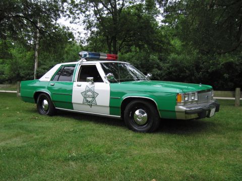 1991 Ford Crown Victoria - This 1991 Ford Crown Victoria police car is parked on a grassy area with trees in the background.