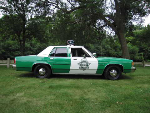 1991 Ford Crown Victoria - A 1991 Ford Crown Victoria police car, painted green and white, sits on a grassy area with trees in the background.