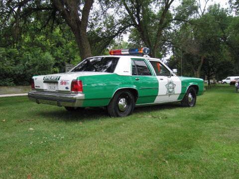 1991 Ford Crown Victoria - A 1991 Ford Crown Victoria police car is parked on a grassy area with trees in the background.
