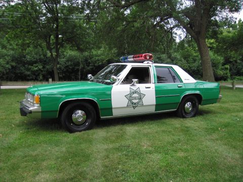 1991 Ford Crown Victoria - A green and white police car with a light bar on the roof is parked on a grassy area.