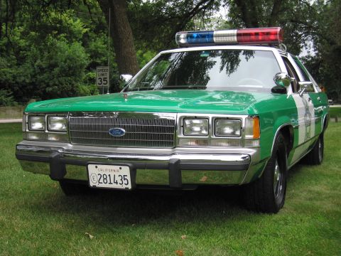 1991 Ford Crown Victoria - A 1991 Ford Crown Victoria police car, painted green and white, is parked on a grassy area with trees in the background.