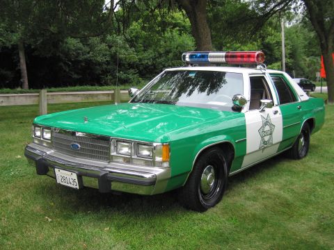 1991 Ford Crown Victoria - This 1991 Ford Crown Victoria police car is parked on grass with trees in the background.