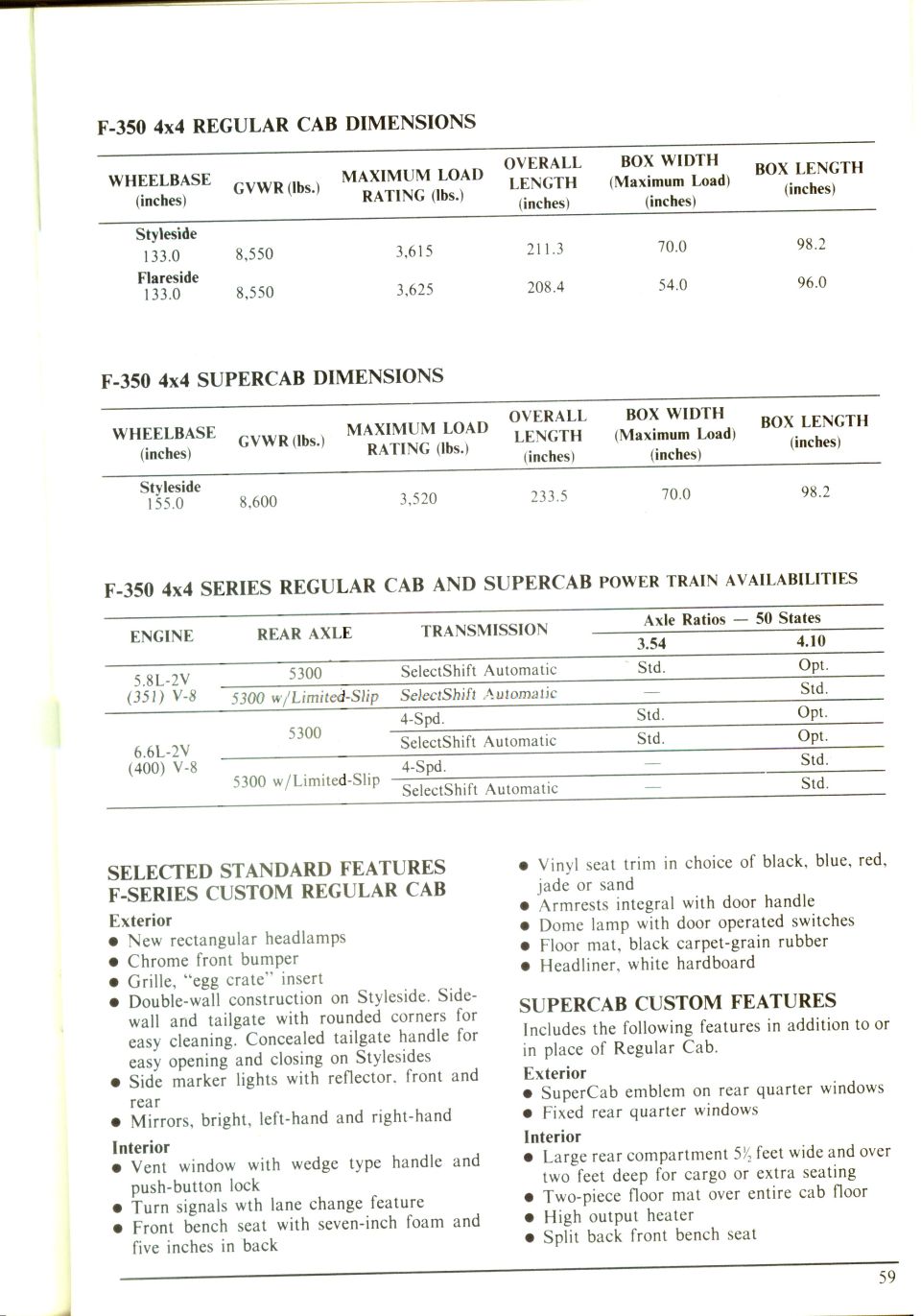 Ford F-350 4x4 Regular Cab and SuperCab dimension tables with power train availability chart