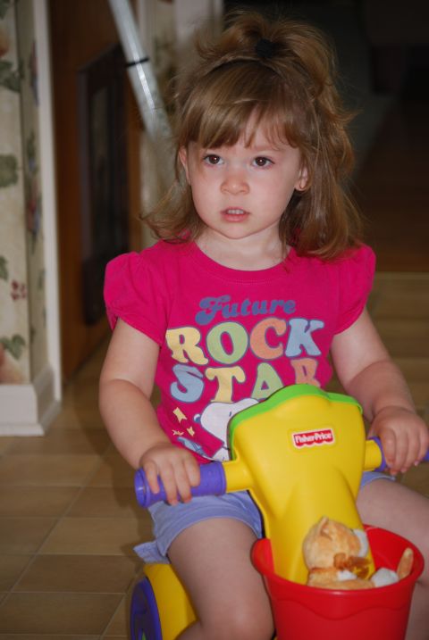 2000 Ford Crown Victoria - A young child is seated on a tricycle, looking off to the side.