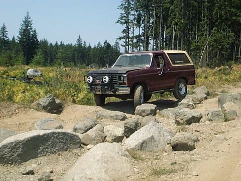 1986 Ford Bronco - This Ford Bronco is shown off-road on a sunny day with trees in the background.