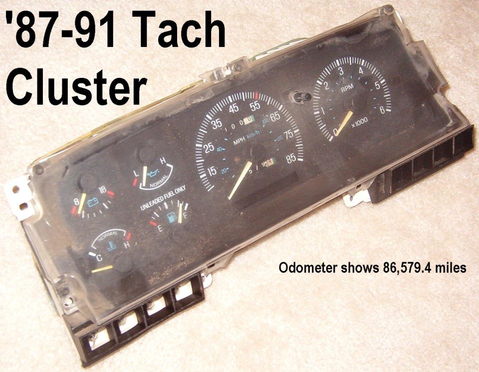 Tachometer Cluster for '87-91 trucks

This cluster now has a factory low fuel light module that illuminates the fuel pump icon in the gauge RED.  It requires NO wiring or other modifications - it's PnP.

It also has a wiring loop that can be closed (shorted) to make the oil pressure gauge actually work, but that requires swapping the stock oil pressure switch to an OLDER-style stock oil pressure sender.  I can include the sender & plumbing with the cluster.