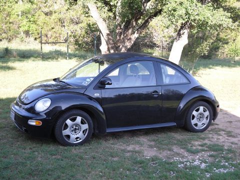1999 Volkswagen Beetle - A black 1999 Volkswagen Beetle is parked on a grassy area with trees in the background.