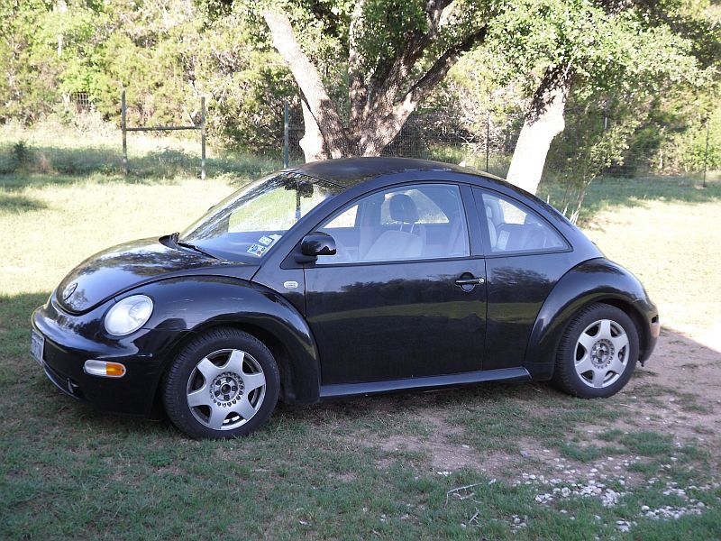 Black 1999 Volkswagen Beetle parked on grass, side view