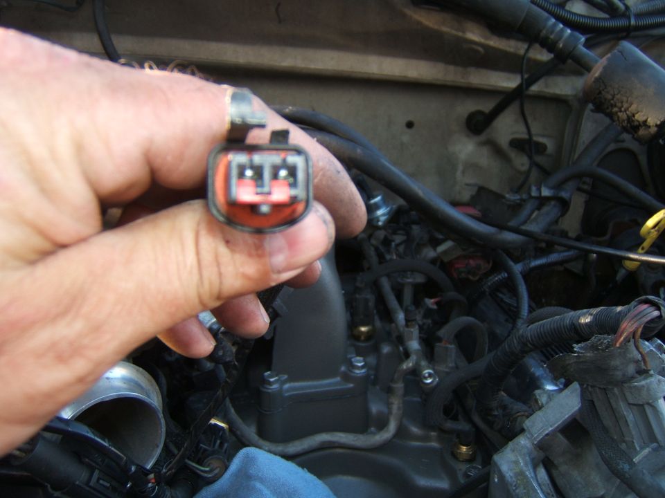 Hand holding an orange and black electrical connector with engine components in the background