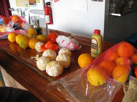 1985 Ford LTD Crown Victoria - A collection of oranges, some peeled, sit on a wooden counter next to a bottle of mustard and a red fire extinguisher.