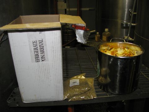 1985 Ford LTD Crown Victoria - Ingredients for brewing are laid out on a shelf, including a box, grain, and orange peels.