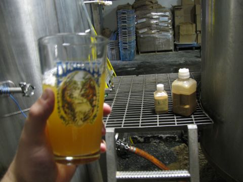 1985 Ford LTD Crown Victoria - A person holds a glass of beer, with brewing equipment and supplies visible in the background.